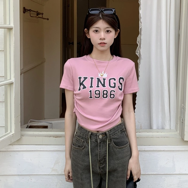 Korean Style Vintage Short T-shirts Women Letter Printed Harajuku Y2k Students Tops Casual Basics Daily Slimming Blouse Female