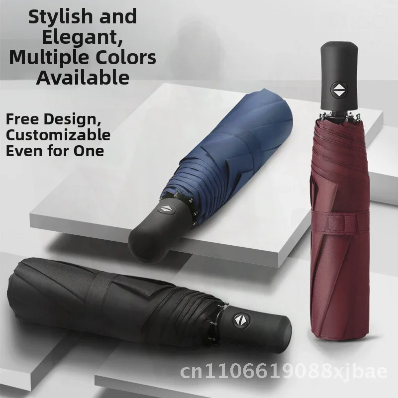 

Large plus Size Full-Automatic Vinyl Umbrella Tri-Fold Business Advertising Umbrella with Printed Logo Black Coating 8-Rib