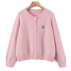 2023 Autumn Good Quality Womens Plus Size Cardigan Sweaters Casual Clothing Curve Bear Outing Solid Color Embroidered Knit Coat