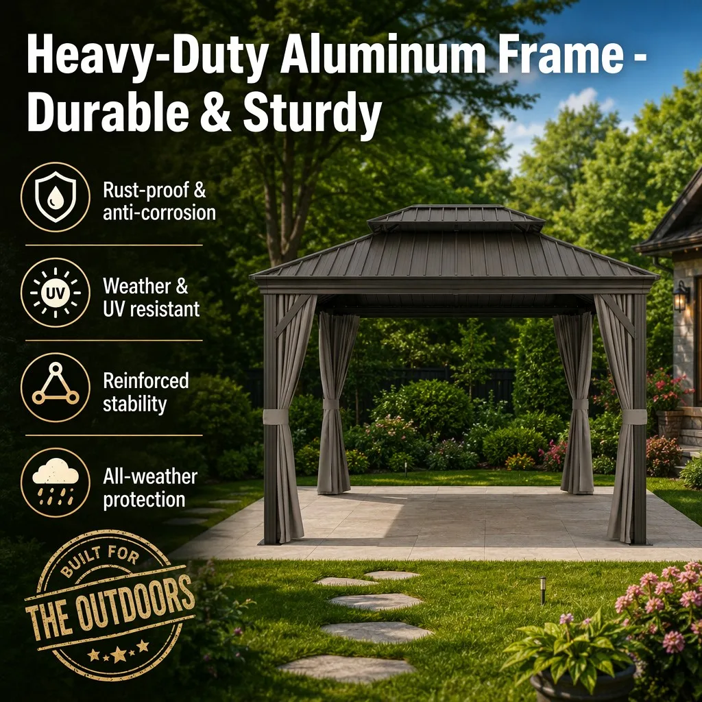 Custom Winter Outdoor Aluminum Gazebo, Double Roof Design with Fire Pit, Heavy Duty Shelter for Snowy Backyard Activity Space