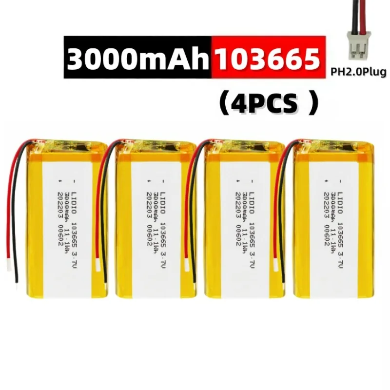 103665 3.7V 3000mAh Polymer Lithium Rechargeable Battery, with PH2.0 Plug for Driving Recorder, Bluetooth Speaker, GPS, Camera