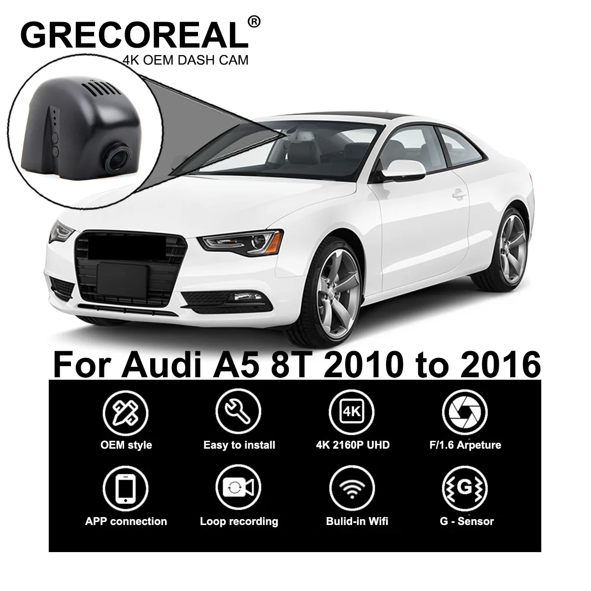 

GRECOREAL 4K Dash Cam Front and Rear 2160P WiFi Car Dual Dashcam APP Control Easy Install Plug Play Compatible with Audi A5 8T