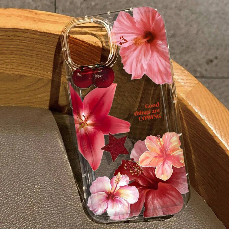 Cherry Lily Flower Print Clear Case For iPhone 17 16 15 14 13 12 11 Pro Max X XR XS Max 7 8 Plus 16e 17Air Shockproof Soft Cover