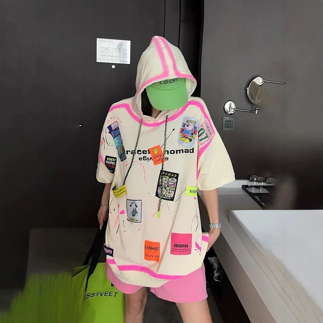 2025 New Contrasting Lines Hooded Half-sleeved T-shirt Female Cute Cartoon Fun Printing Loose Mid Length Tops Women Clothing