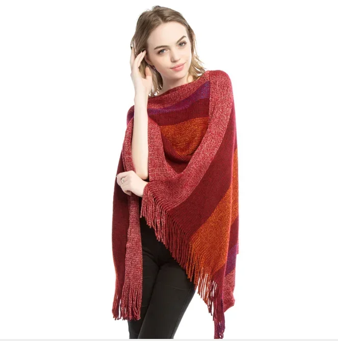 ฤดูใบไม้ร่วงฤดูหนาวผู้หญิงใหม่ยุโรปอเมริกันเสื้อผ้าถักใหม่ผ้าคลุมไหล่เสื้อคลุมสาวเสื้อกันหนาวสีแดง