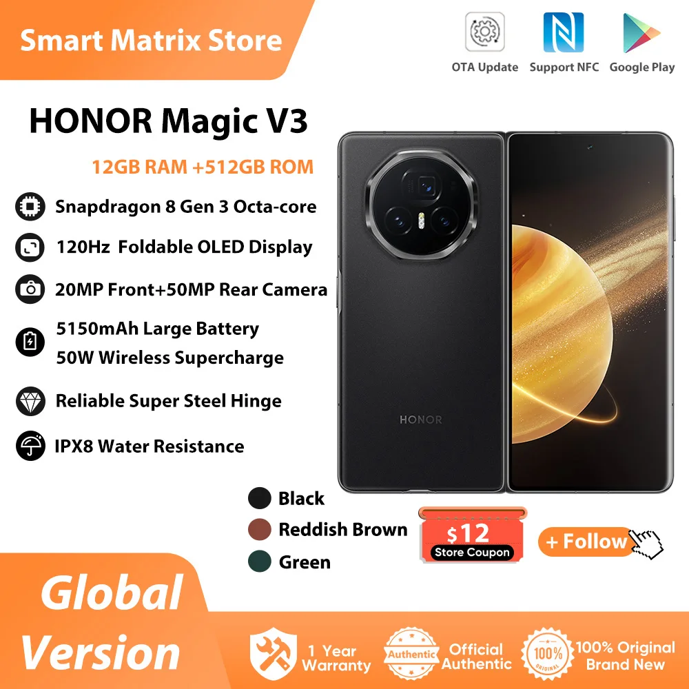 HONOR Magic V3 Global Version 5G Smartphone 120Hz Foldable LTPO OLED 7.92