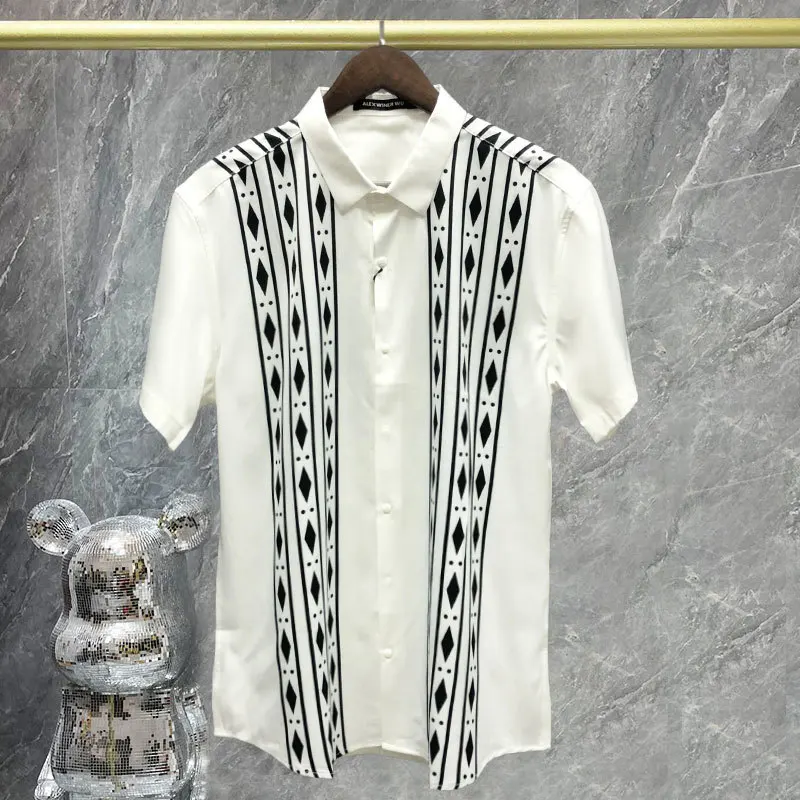 

2023 Slim Fit Business Casual Dress Shirts Summer Short Sleeved Shirt For Men Black White Contrast Social Party Tuxedo Blouse