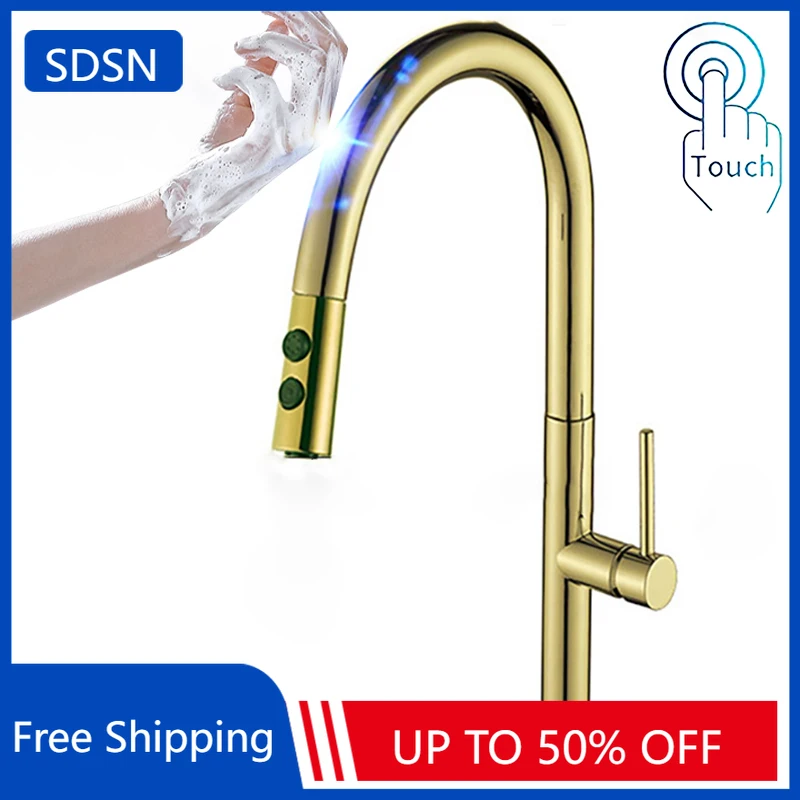 

Brass Touch on Kitchen Faucet with Pull Down Hot Cold Kitchen Sink Mixer Tap Sensitive Sensor Touch Kitchen Sink Mixer Faucets