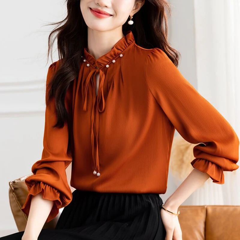 Elegant Fashion Beaded Satin Tops 2024 Spring New Long Sleeve Women Blouse Lace up Wooden Ear Collar OL Shirt Blusa