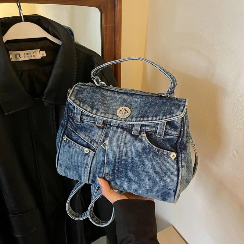 Vintage Denim Crossbody Bag Multi‑Wear Shoulder Backpack Purse Jeans Fabric Casual Small Messenger Handbag Daily Travel Bag