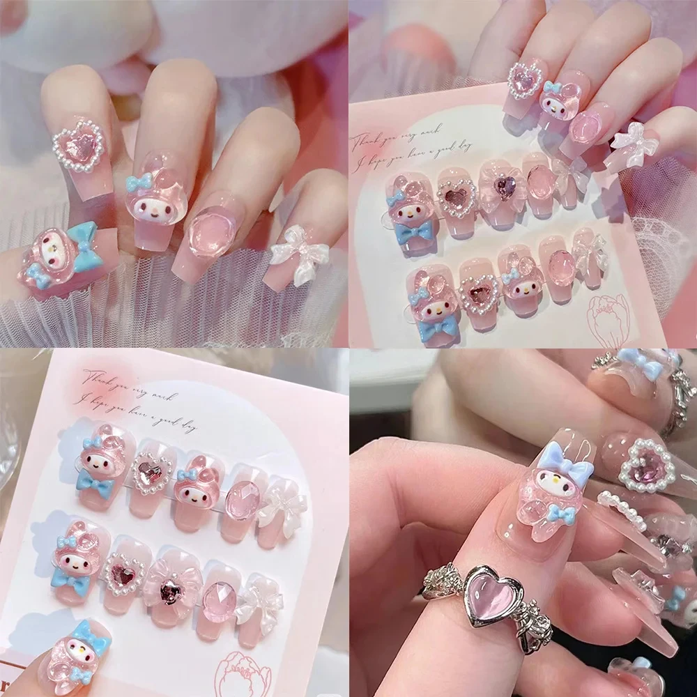 24Pcs/box Pink Sanrio Melody Fake Nails Handmade3D Rhinestone  Cartoon Anime Press on Nails Patches  Full-Cover Melody Nail Tips