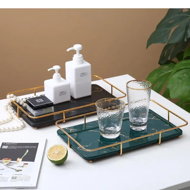 

Simple Rectangular Ceramic Storage Tray Metal Stands Cosmetic Jewelry Plate Home Desktop Serving Trays Decorative Bathroom Shelf