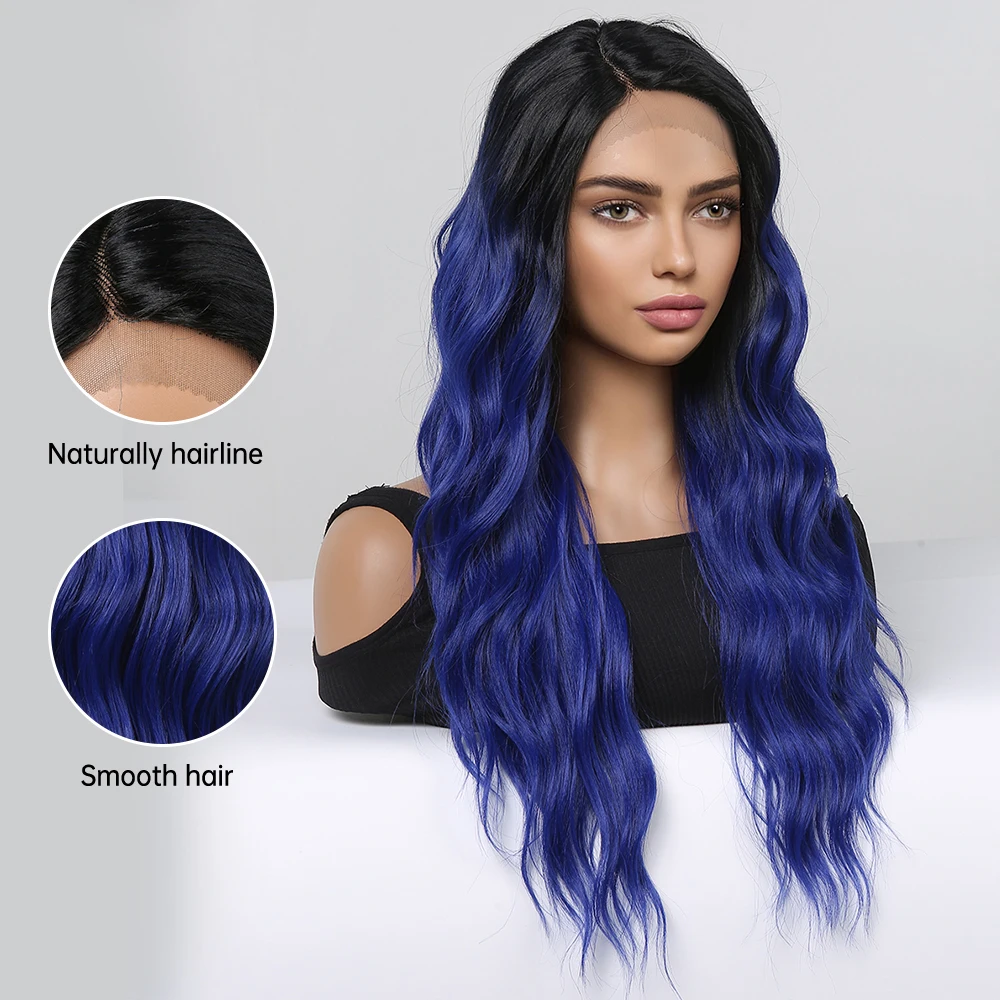 LOUIS FERRE Long Ombre Blue Wavy Lace Front Wig for Women Side Part Blue Colored Synthetic Wig for Daily Party High Temperature