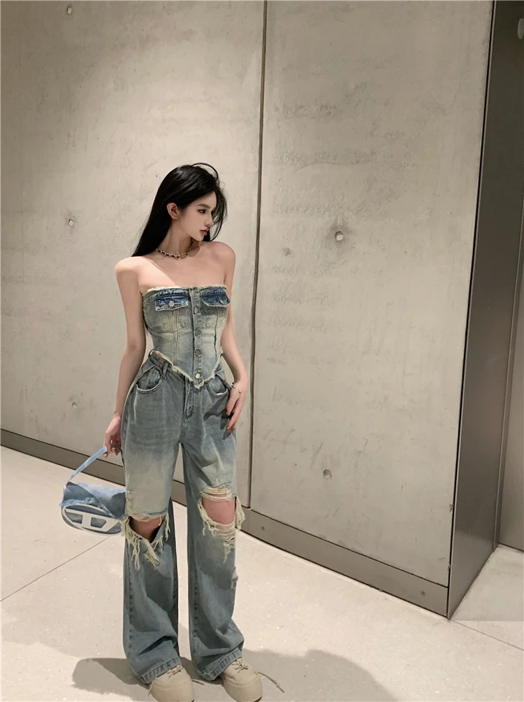 

High Waist Distred Denim Jeans Asymmetric Design Women's Faion Set Sexy Hollow out Top And Loose Fit Jeans Combo