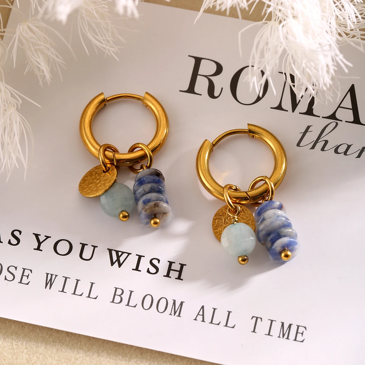 GIOIO أقراط من الفولاذ المقاوم للصدأ أقراط متدلية من الحجر الطبيعي للسيدات موضة يومية مقاومة للماء مجوهرات هوب أقراط هدية