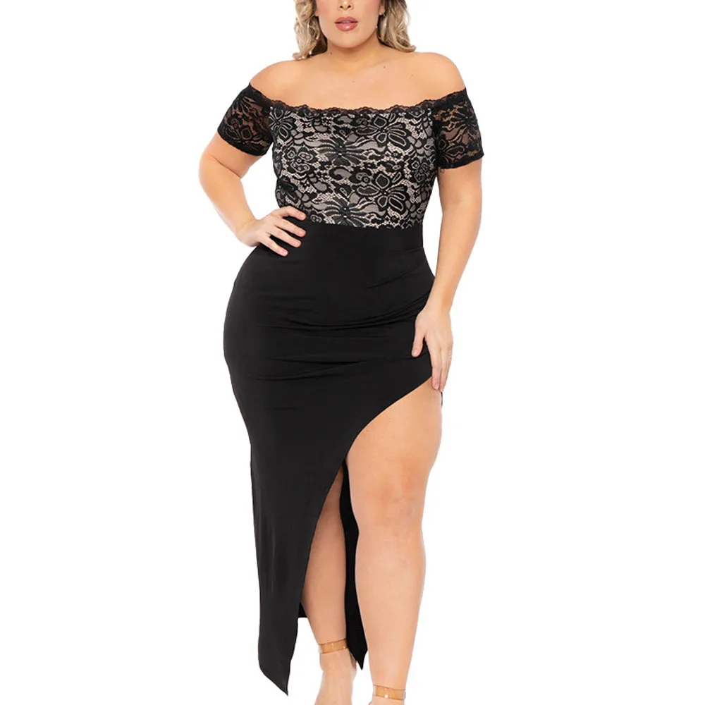 Sexy Off Shoulder Big Size Dress Women 2023 Slash Neck High Split Lace Mesh Bodycon Evening Party Dresses Plus Size Clothing