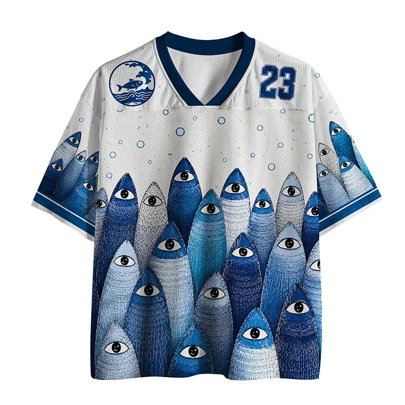 2026 Blue Sardine Fish School Graphic V Neck Mesh Short Sleeve Shirt Unisex Oversized Casual Streetwear Hip Hop Top