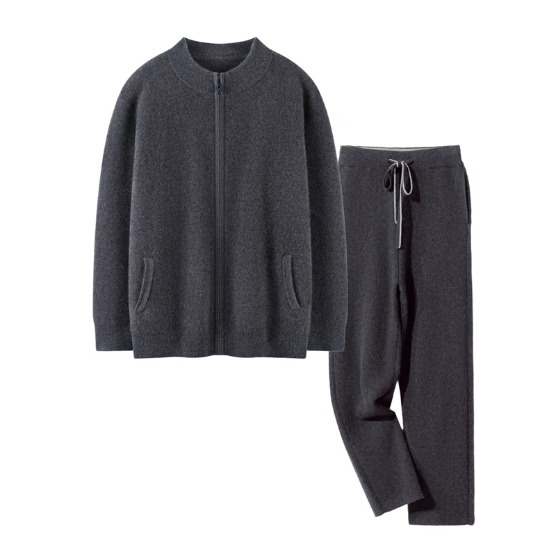 High quality 100% cashmere men's suit Mock Neck zipper cardigan jacket knitted pants pocket two-piece set/thickened air layer