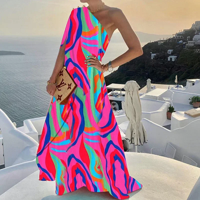 

Elegant Solid One Shoulder Big Hem Dress Summer Fashion Skew Collar Backless Beach Dresses Women Irregular Loose Slit Maxi Dress