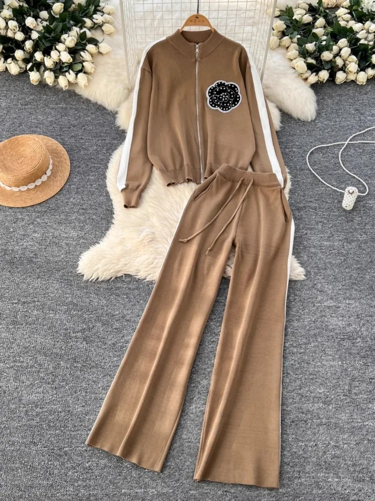 Fashion Commuter 2-Piece Set 2025 Beads Flower Stand Collar Long Sleeve Knitted Coat Tops+High Waist Wide Leg Pants Suit Women