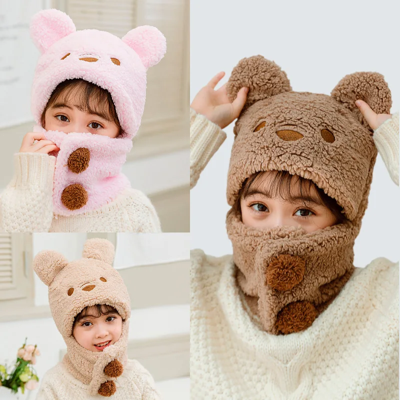 1 Stück warme Wintermütze für Damen, niedliche kleine Schalmütze mit Bären-Design, warme einteilige Mütze, kältebeständige Maske für den Außenbereich, Gehörschutzmütze
