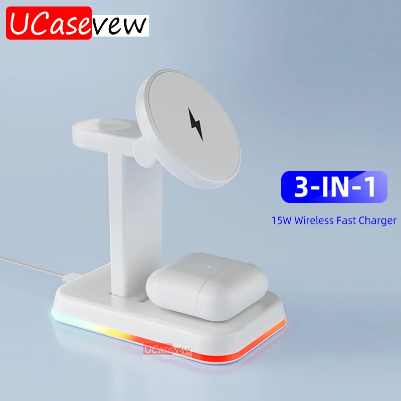 

Беспроводная зарядная станция 3 в 1 для iPhone 16, 15, 14, 13, 12, быстрая зарядка, подставка для Apple Watch S10, S9, S8, S7, S60, док-станция для AirPods