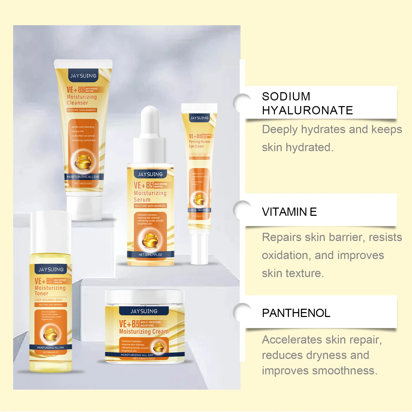 

Vitamin B5 Face Skincare Set 5PCS Rejuvenating Cream Whitening Serum Moisturizer Toner Facial Cleanser Anti-Wrinkle Eye Cream
