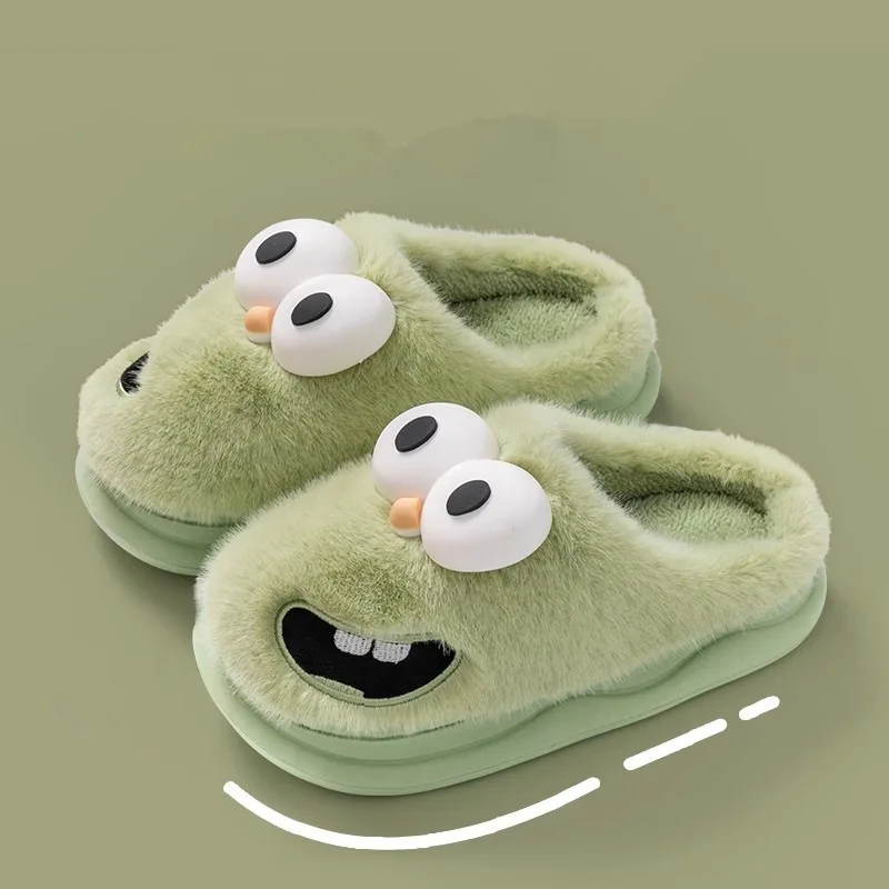 

Fashion Cartoon Green Couples Plushed Slippers Comfortable Warm Indoor Slippers Women Lightweight Non-Slip Men Winter Slippers