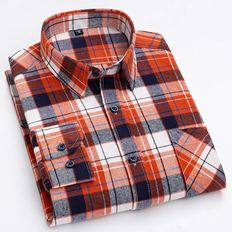 New Spring Autumn 100% Cotton Flannel Plaid Mens Shirts Casual Long Sleeve Regular Fit Home Dress Shirts For Man Clothes 6XL 5XL