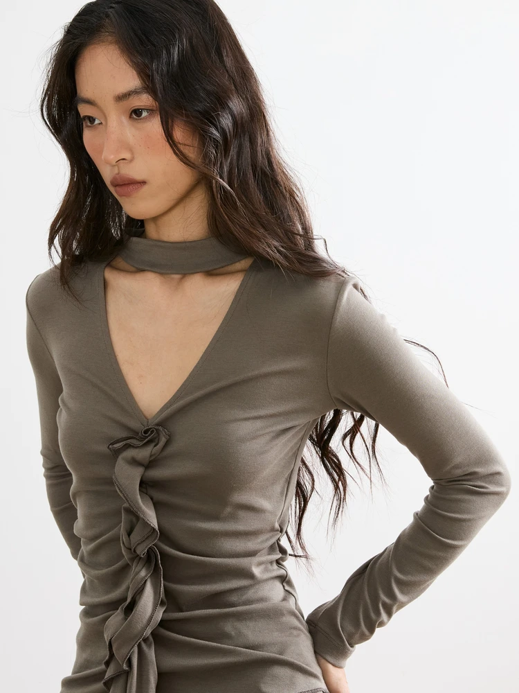 

EMMUIC High Ne V-Ne Handmade Pleated Knitted Long Sve T-irt Hollow out 3D Stitching Elastic Chinese Sle Women's Top