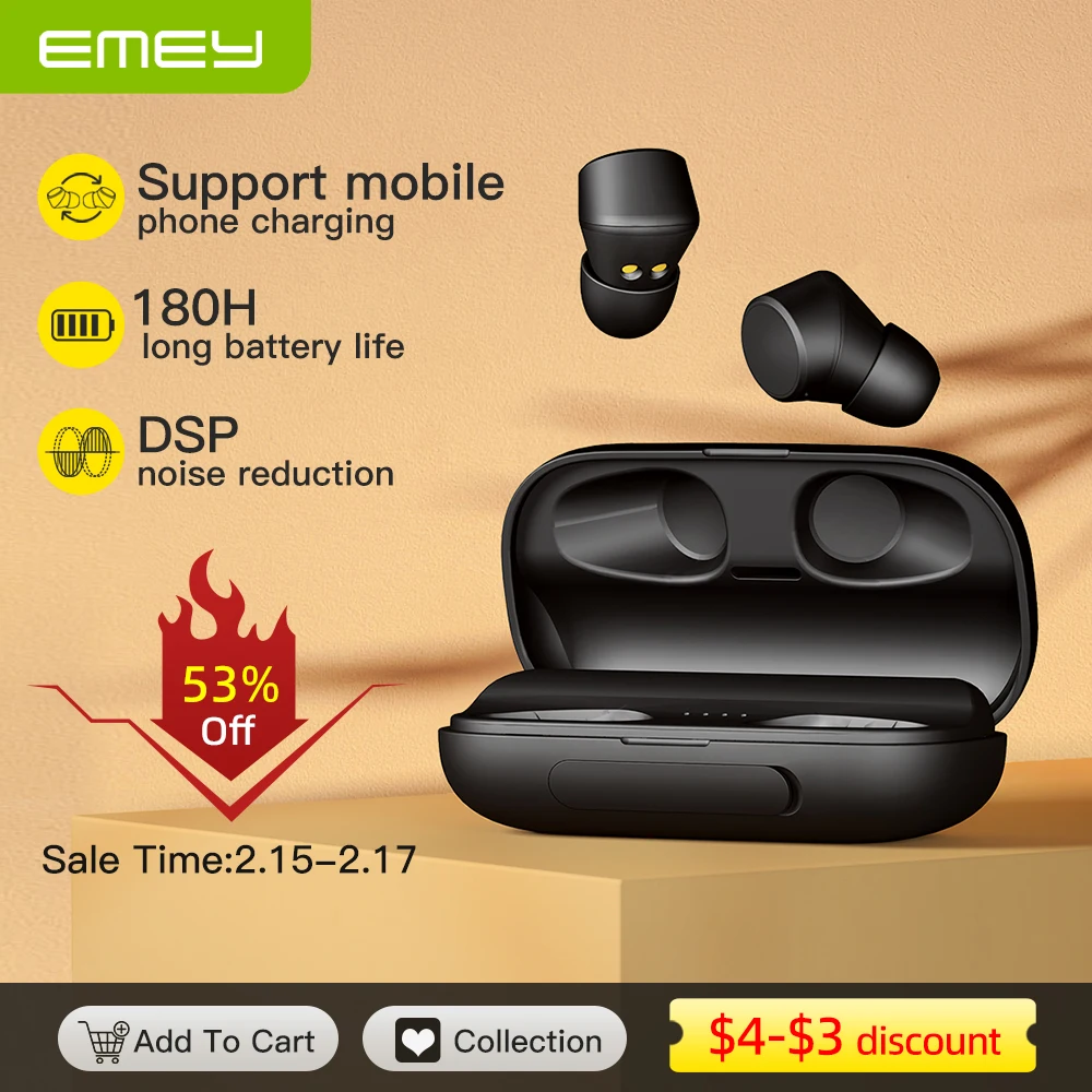 EMEY TWS Wireless Headphones Noise Canceling with Power Bank Sports Earbud HiFi 3000mAh Bluetooth 5.0 Earphones for Xiaomi Phone