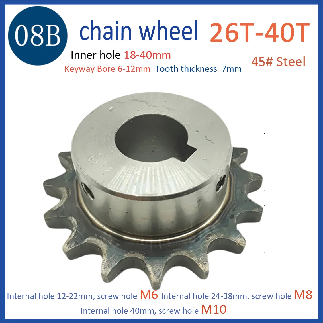 

1pc 08B 26-40Teeth Sprocket Wheel Inner Hole 18-40mm Chain Gear Industrial 45# Steel Suitable For 08B Roller Chain Pitch 12.7mm