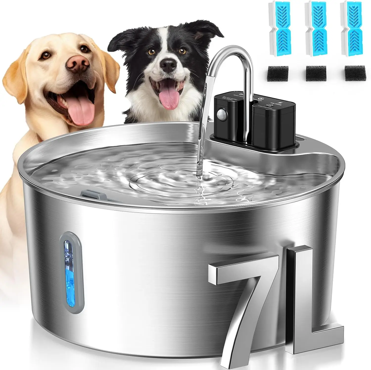 

Wireless Dog Water Fountain: 1.8Gal/7L Stainless Steel, Battery Operated, Ultra-Quiet Pump, Easy Clean, 3 Filters