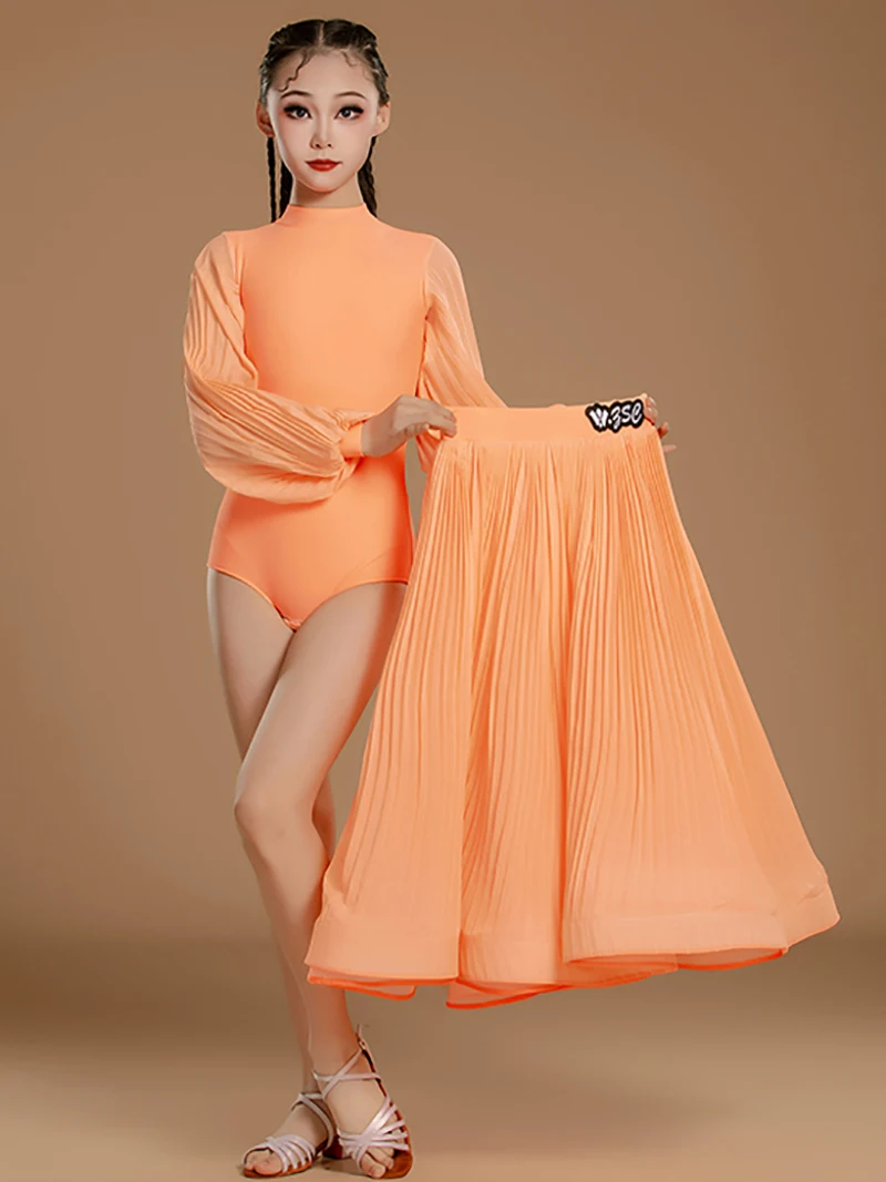 Kids Girls Waltz Tango Ballroom Dance Professional Dresses Girls Orange Latin Dance Dress Performance Modern Dancing Clothes