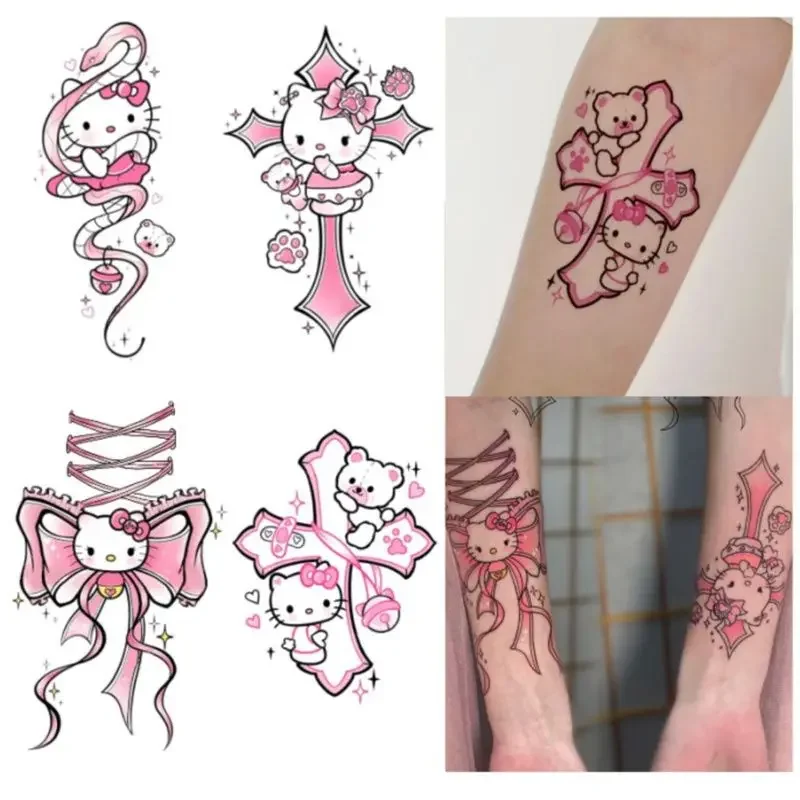 Sanrio Hello Kitty Flower Arm Tattoo Sticker, Kawaii Anime Character, Impermeável, Descartável, Fofo, Desenhos animados, Menina