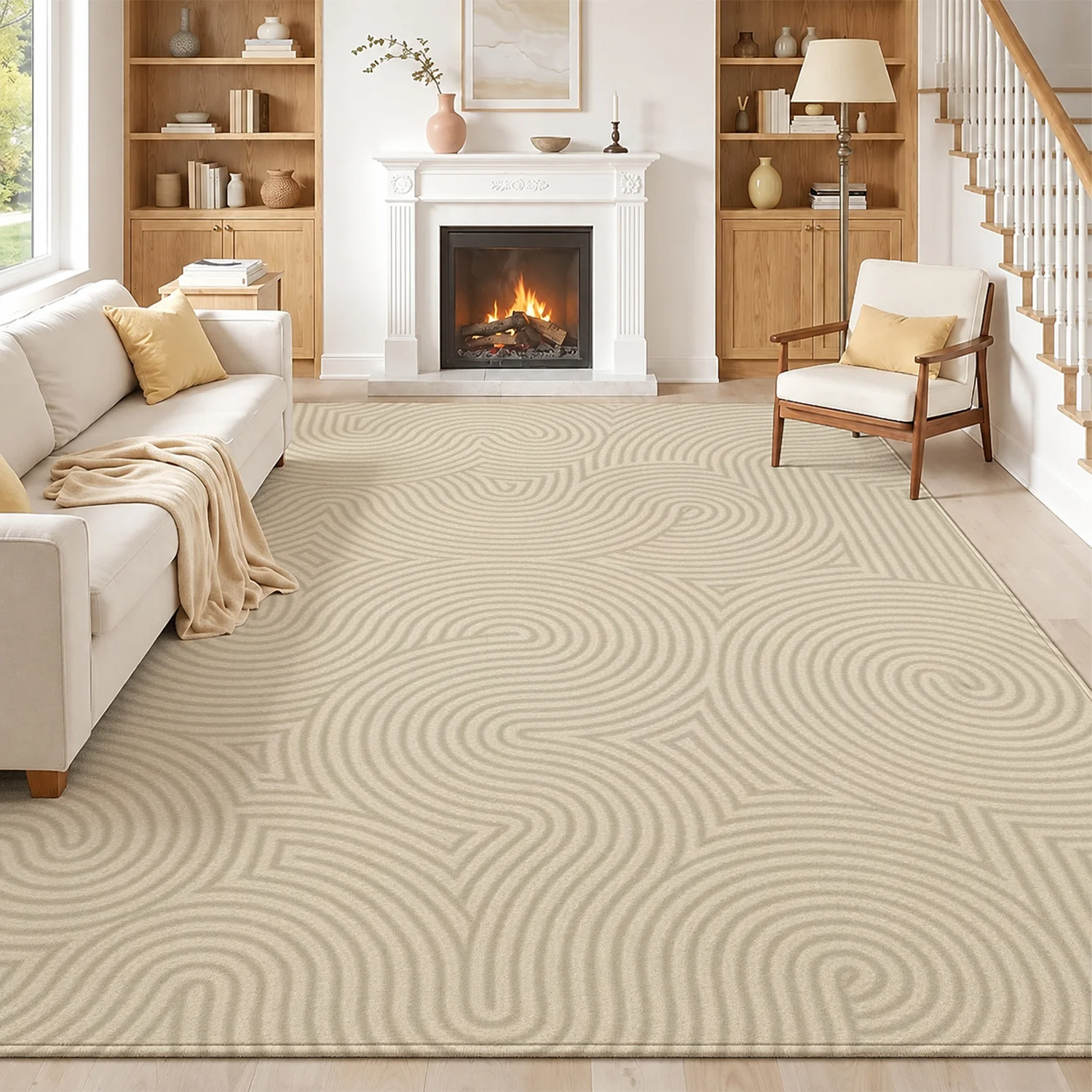 Large Indoor Area Rug, Soft Velvet, Low Pile, Non-Slip Dotted Backing, Machine Washable, Neutral Swirl Maze Pattern Modern Abstract for Living Room Bedroom