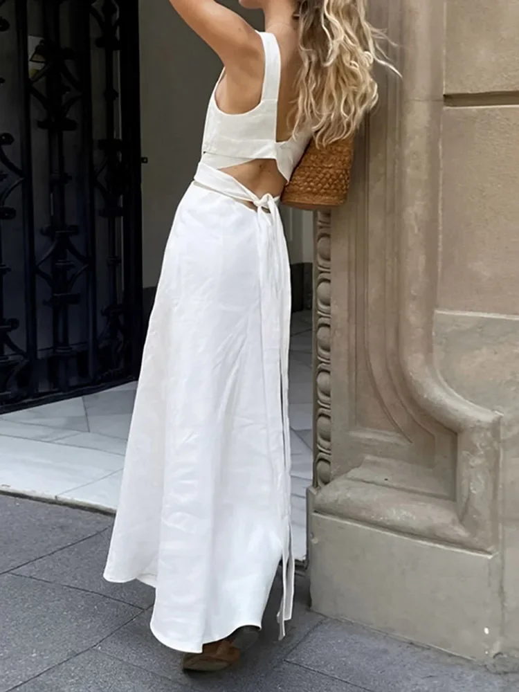 

Women Fashion New Solid Hollow Out Minimalist Dress Square Collar Sleeveless High Waist Slim Temperament Stylish Female