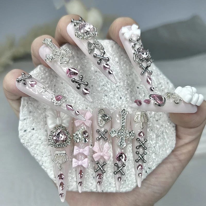 

10 шт. Y2K Pink Jirai, милые длинные ручные накладные ногти Shibuya Gyaru, бант, сердце, крест, алмазная корона, шпилька, накладные ногти, дизайн ногтей
