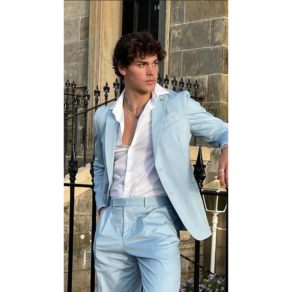 

Sky Blue Single Breasted Men Suit Two Pieces(Jacket+Pants) Lapel Outfits Chic Casual Party Prom Wedding Set