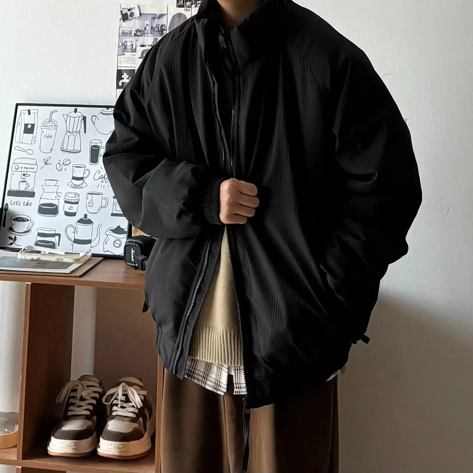 

Autumn Winter Large Size Men's Cotton Jacket Bread Style Coat with Pockets Stand Collar Long Sleeve Warmth Polyester Fiber