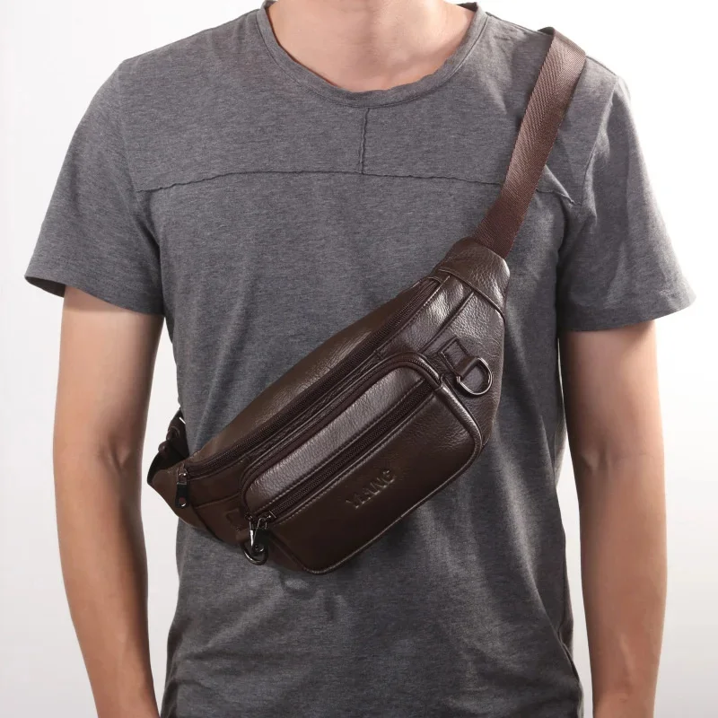 Riñonera de cuero genuino para hombre, bolso de hombro y cadera, a la moda, de alta calidad, nuevo