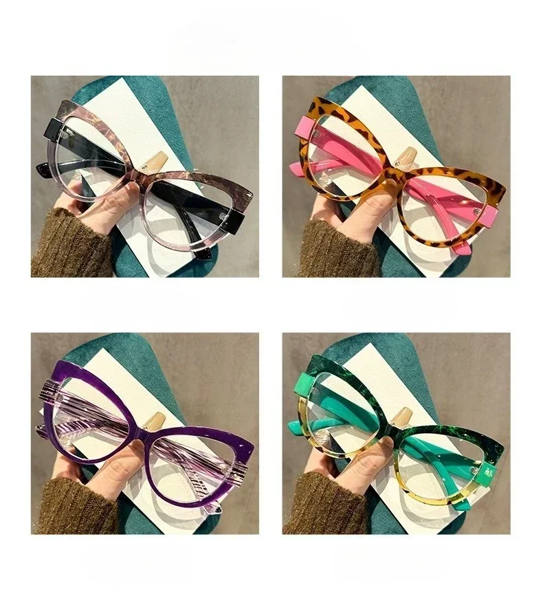 Personalisierte, farbblockierte Katzenaugen-Lesebrille mit großem Rahmen, blaues Licht blockierender Augenschutz, Reise-Strandbrille – Detail 3