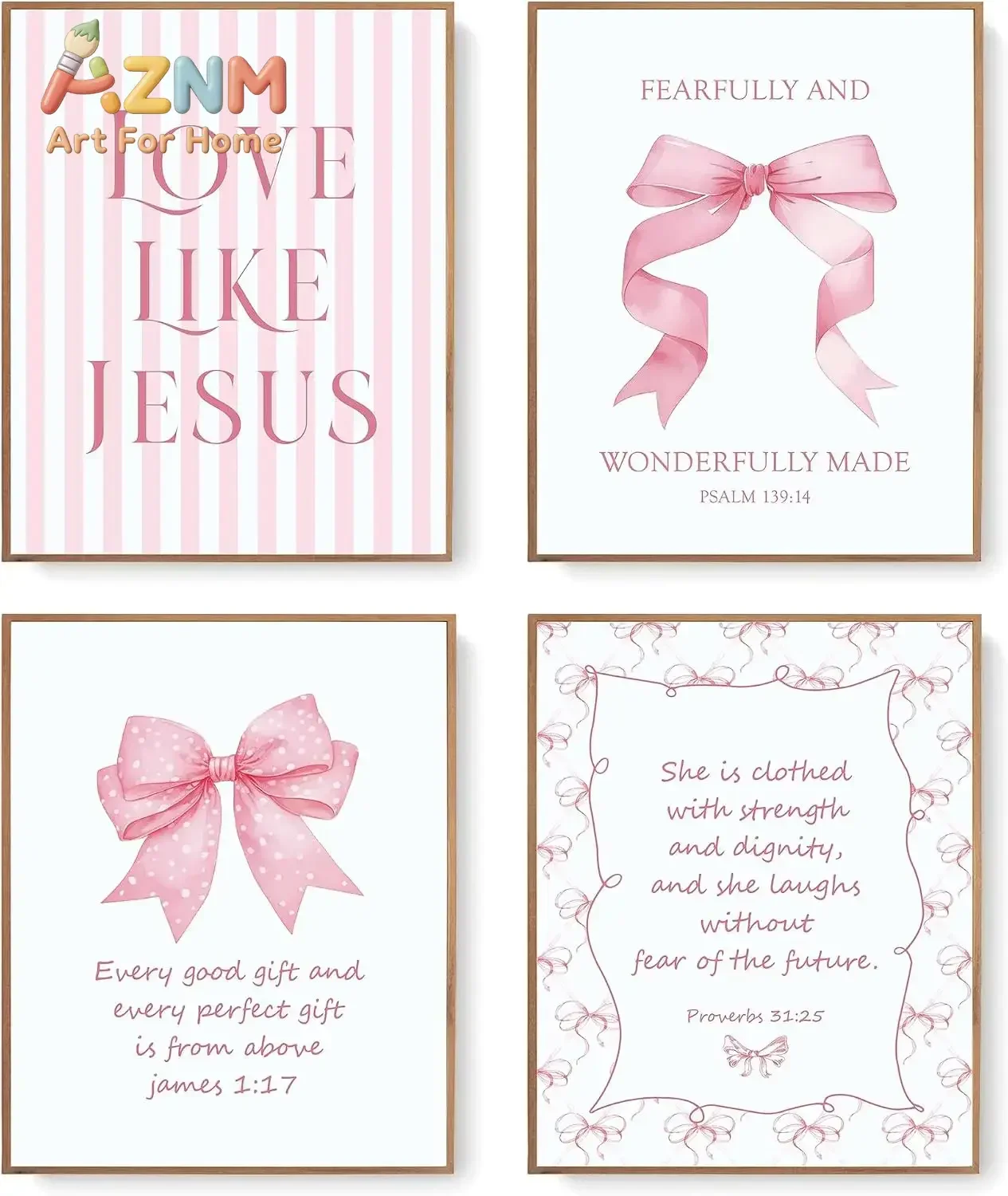 4pcs Pink Coquette Bow Scripture Canvas Set, Christian Bible Quote Wall Art, Soft Girly Decor For Teen Dorm Bedroom