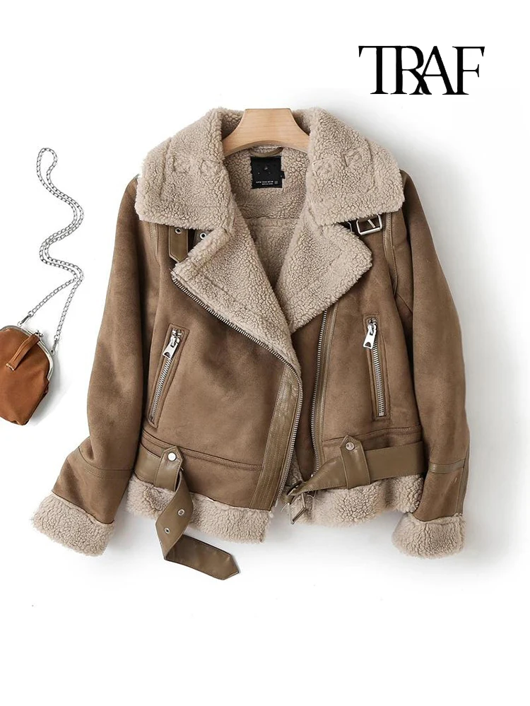 TRAF Women's Fashion Thickened Warm Faux Shearling Jacket Coat Vintage Long Sleeve Belted Hem Jacket Winter Fur One Jacket