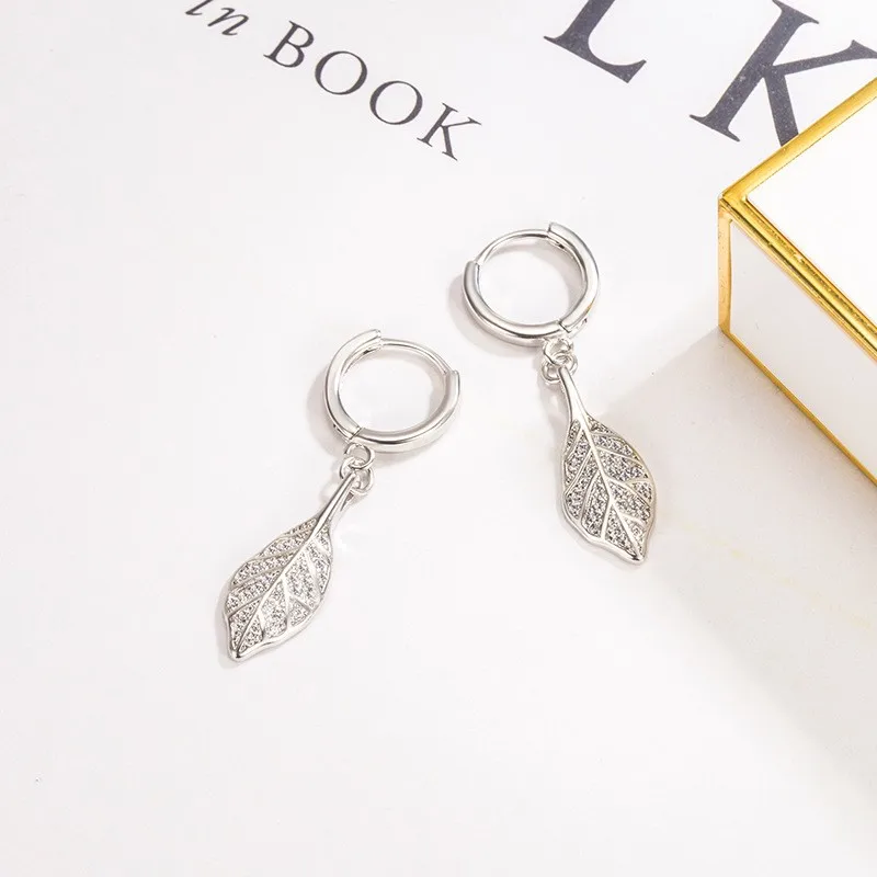 Women Jewelry Fine Golden Leaves Zircon Long Drop Ear New Bohemian 925 Sterling Silver Leaf Rhinestone Pendants Hoop Earrings