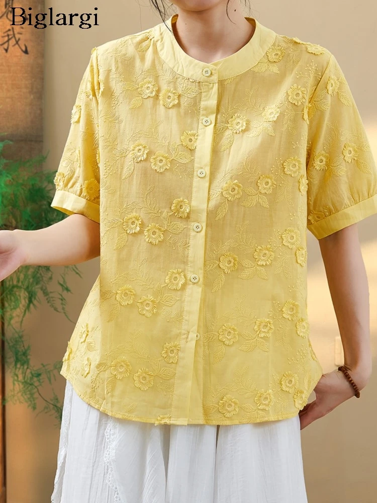 

Oversized Summer Shirts Women Flower Embroidery Fashion Ladies Blouses Loose Casual Short Sleeve Woman Shirt