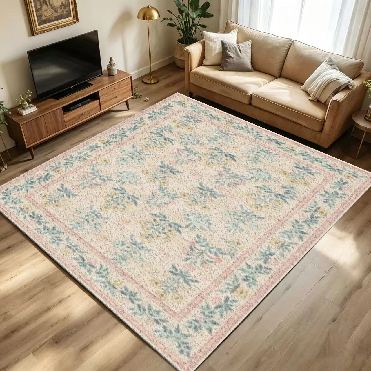 Pastel Floral Bohemian Style Carpet, Non-Slip Floor Carpet, Suitable for Living Room, Bedroom, Home Decoration