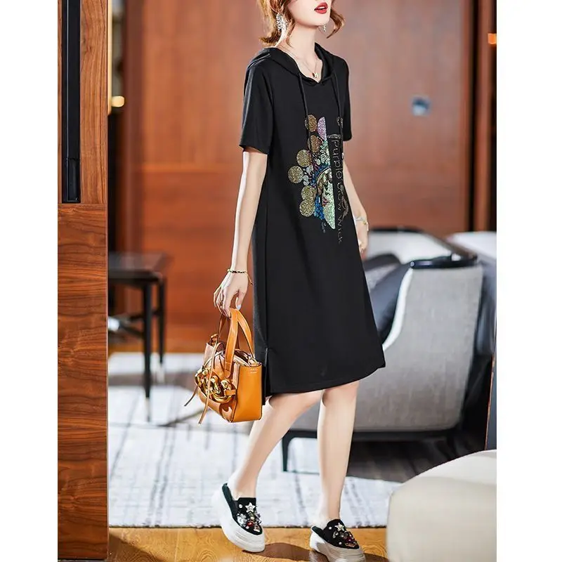 Eenvoud Casual zomer dames effen kleur capuchon diamanten mode Koreaanse veelzijdige split losse midi-jurk met korte mouwen