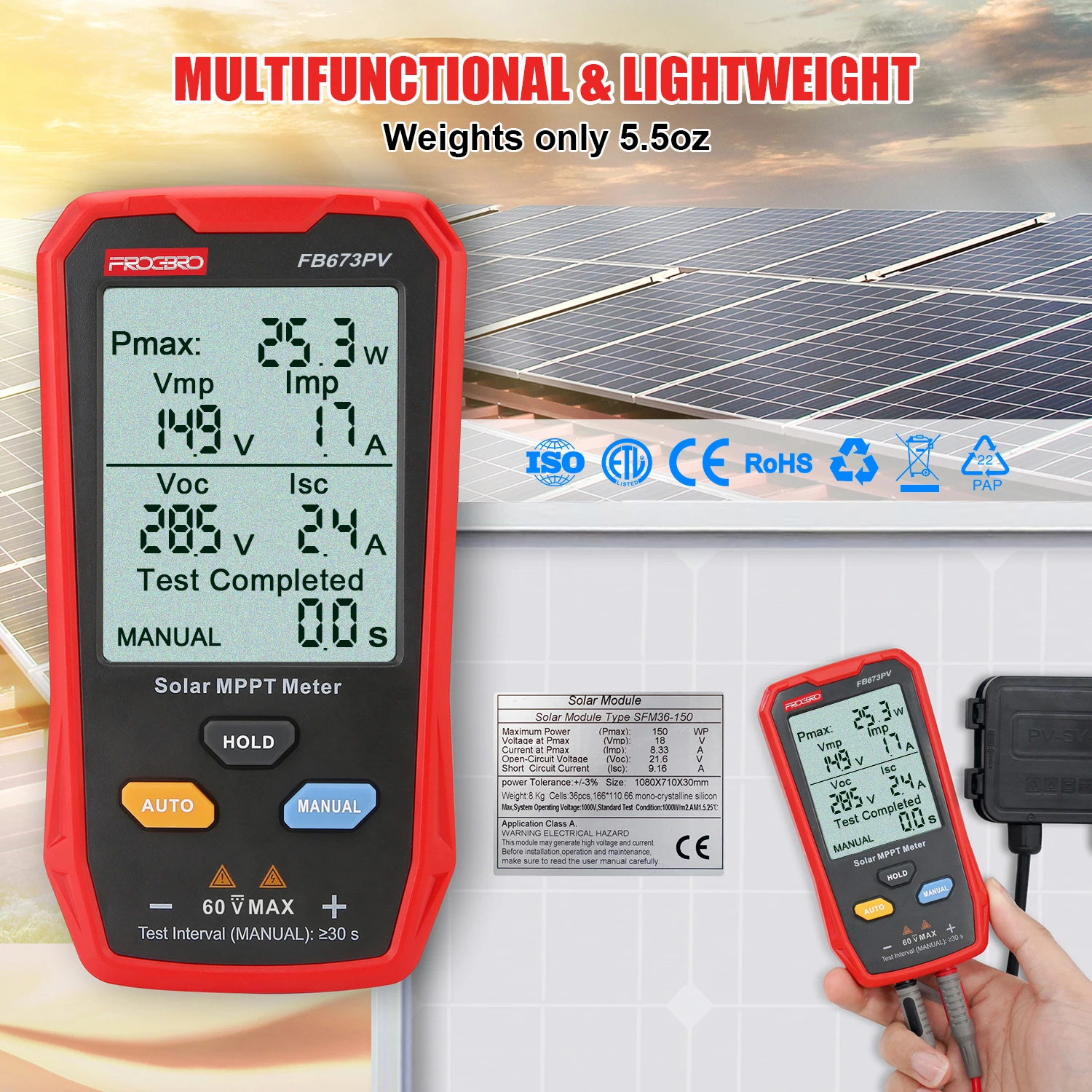 New FB673PV 800w LCD MPPT solar panel pv tester energy meter Smart Current Voltage Tester Digital meter solar power tester