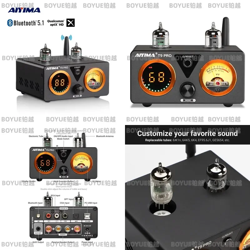 AIYIMA T9 Pro Vacuum Tube Amplifier Bluetooth 5.1 QCC3040 Aptx USB DAC Coaxial Optical HiFi Stereo Home Audio Power Amp VU